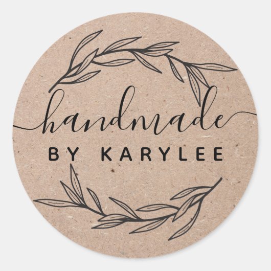 Rustic Laurel Leaf Handmade Script Runder Aufkleber (Vorderseite)