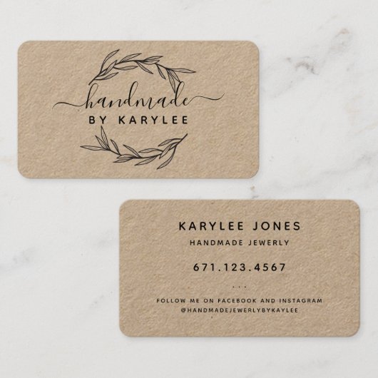 Rustic Laurel Leaf Handmade Script Visitenkarte (Vorne/Hinten)