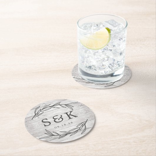 Rustic Laurel Leaf Monogram Wedding Runder Pappuntersetzer (Vor Ort)