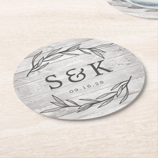 Rustic Laurel Leaf Monogram Wedding Runder Pappuntersetzer (Angewinkelt)