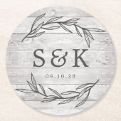 Rustic Laurel Leaf Monogram Wedding Runder Pappuntersetzer (Vorderseite)