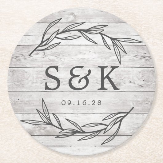 Rustic Laurel Leaf Monogram Wedding Runder Pappuntersetzer (Vorderseite)