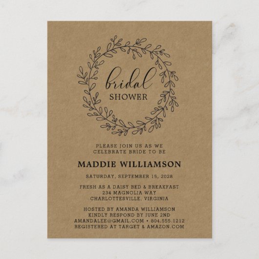 Rustic Laurel Wreath Kraft Brautparty Einladung Postkarte (Vorderseite)