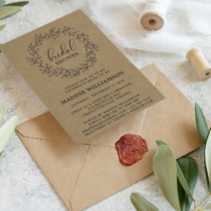 Rustic Laurel Wreath Kraft Brautparty Einladung Postkarte