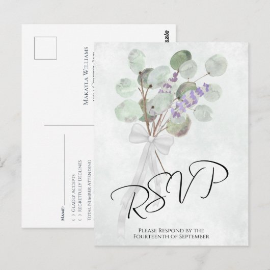 Rustic Lavender Eucalyptus Bouquet Wedding RSVP Postkarte (Vorne/Hinten)
