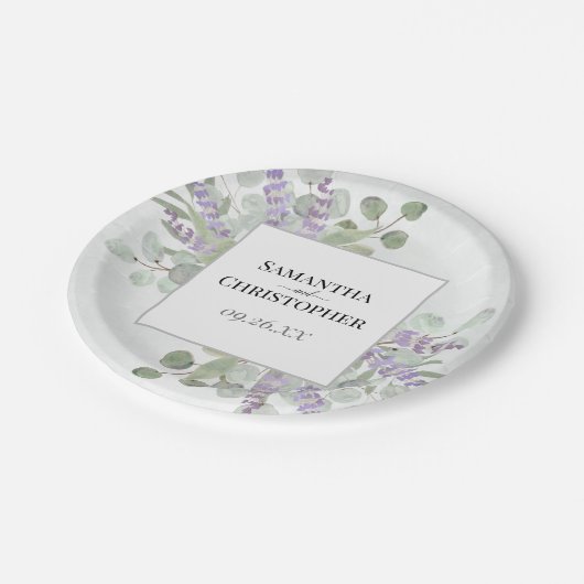 Rustic Lavender & Eucalyptus Elegant Boho Wedding Pappteller (Schrägansicht)