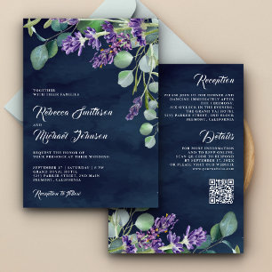 Rustic Lavender Eucalyptus QR Code Navy Wedding Einladung