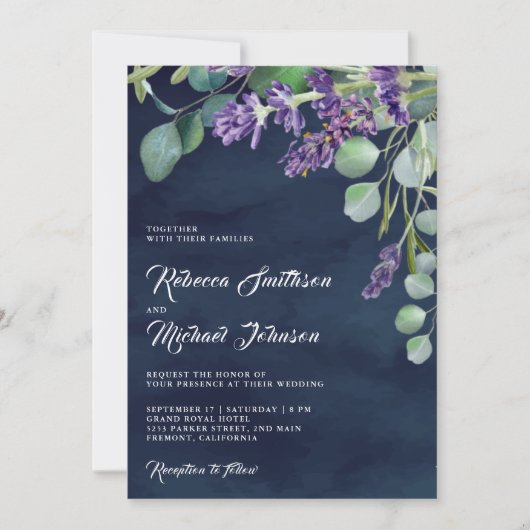 Rustic Lavender Eucalyptus QR Code Navy Wedding Einladung (Vorderseite)