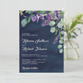 Rustic Lavender Eucalyptus QR Code Navy Wedding Einladung (Stehend Vorderseite)