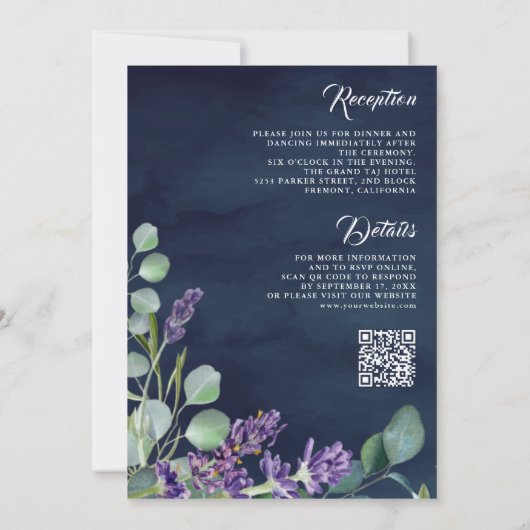 Rustic Lavender Eucalyptus QR Code Navy Wedding Einladung (Rückseite)