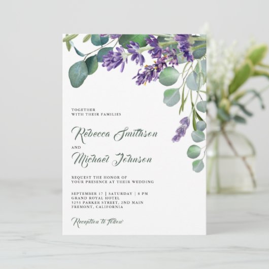 Rustic Lavender Eucalyptus QR Code Wedding Einladung (Stehend Vorderseite)