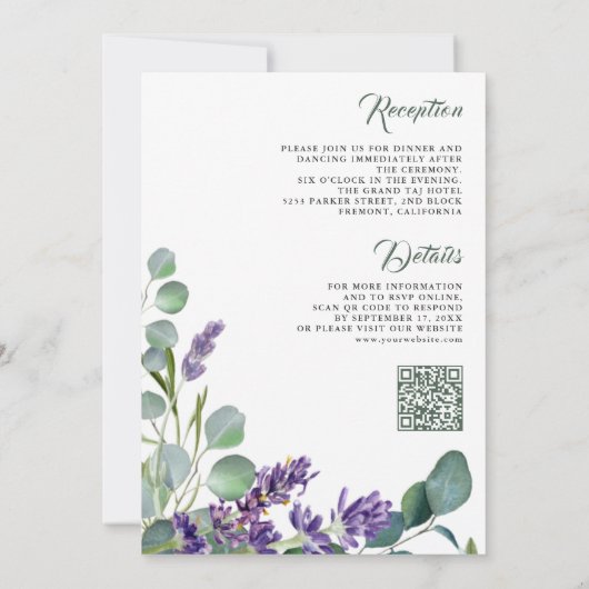 Rustic Lavender Eucalyptus QR Code Wedding Einladung (Rückseite)