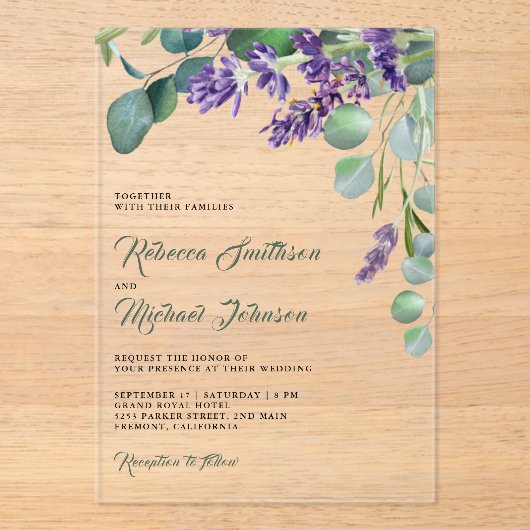 Rustic Lavender Eucalyptus Wedding Acryleinladungen (Vorderseite)