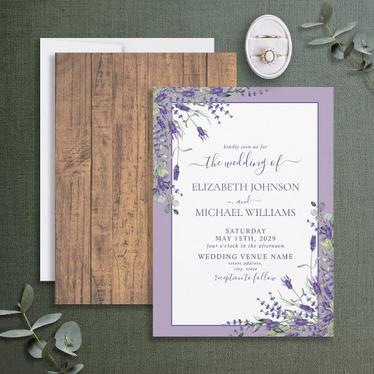 Rustic Lavender Eucalyptus Wood Script Wedding Einladung