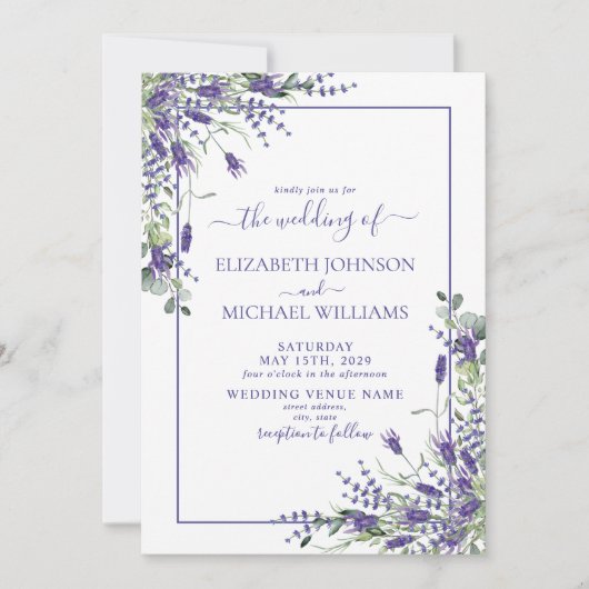 Rustic Lavender Eucalyptus Wood Script Wedding Inv Einladung (Vorderseite)
