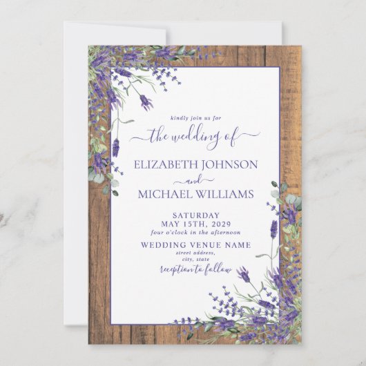 Rustic Lavender Eucalyptus Wood Script Wedding Inv Einladung (Vorderseite)