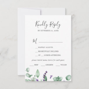 Rustic Lavender & Eukalyptus Menü Auswahl RSVP Kar