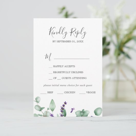 Rustic Lavender & Eukalyptus Menü Auswahl RSVP Kar (Stehend Vorderseite)