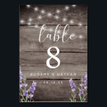 Rustic Lavender Lights Wedding  Table Number Tischnummer<br><div class="desc">Rustic and elegant with faux dark brown wood with string lights along the top and lavender flowers on the bottom wedding table number sign.</div>