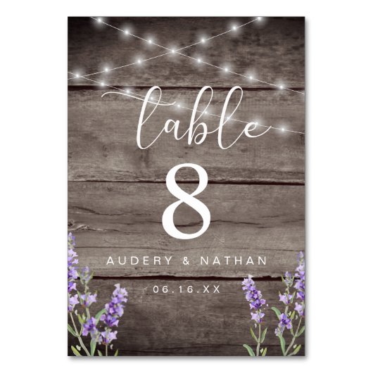 Rustic Lavender Lights Wedding  Table Number Tischnummer (Vorderseite)