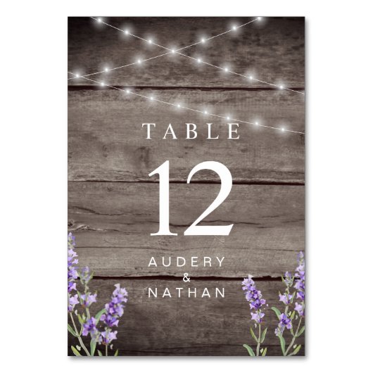 Rustic Lavender Lights Wedding Tischnummer (Vorderseite)