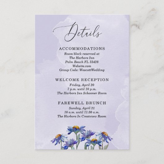 Rustic Lavender Lila Daisies Wedding Details Begleitkarte (Vorderseite)