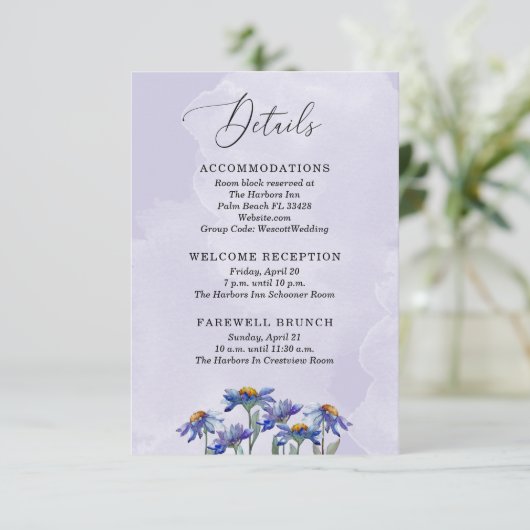 Rustic Lavender Lila Daisies Wedding Details Begleitkarte (Stehend Vorderseite)