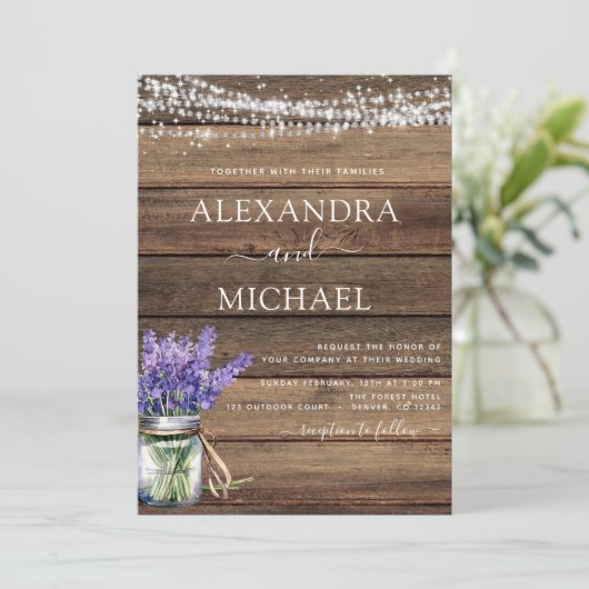 Rustic Lavender String Lights Jar Wedding Einladung (Stehend Vorderseite)