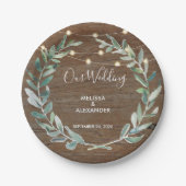 Rustic leaves on wood string lights wedding pappteller (Vorderseite)