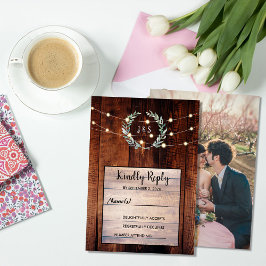 Rustic leaves wood string lights Wedding RSVP  Einladung