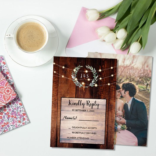Rustic leaves wood string lights Wedding RSVP  Einladung