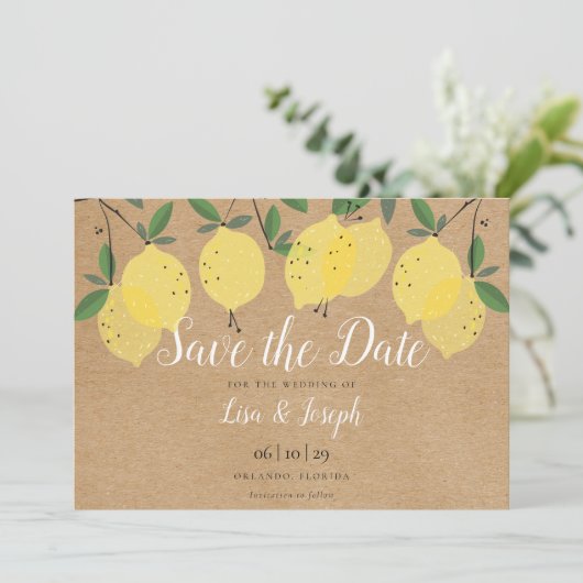 Rustic Lemons Boho Elegantes Skript Save The Date (Stehend Vorderseite)