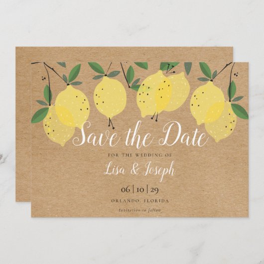 Rustic Lemons Boho Elegantes Skript Save The Date (Vorne/Hinten)