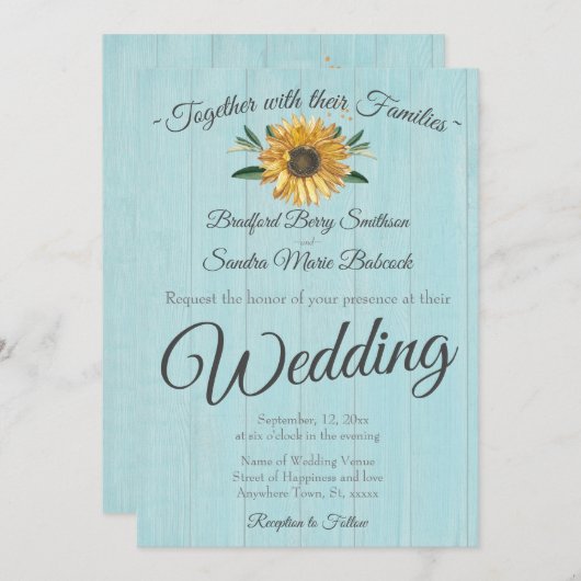 Rustic Light Aquamarin Blue Barn Wood Sunflower We Einladung (Vorne/Hinten)