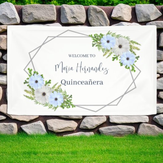 Rustic Light Blue and White Floral Quinceañera  Banner