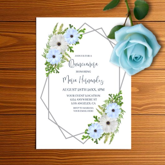 Rustic Light Blue and White Floral Quinceañera  Pergament Einladungen