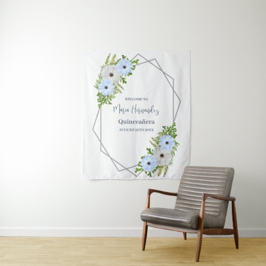 Rustic Light Blue and White Floral Quinceañera  Wandteppich (Beispiel)