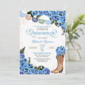 Rustic Light Blue Country Boots Charra Quinceañera Einladung (Stehend Vorderseite)