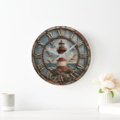 Rustic Lighthouse Coastal Nautical Beach House Große Wanduhr (Zuhause)