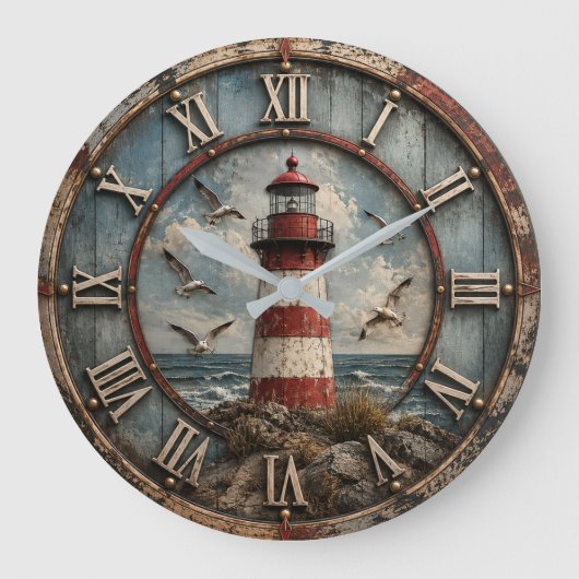 Rustic Lighthouse Coastal Nautical Beach House Große Wanduhr (Vorderseite)