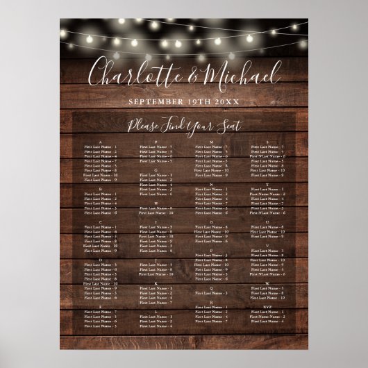 Rustic Lights Alphabetical Wedding Seating Chart Poster (Vorne)