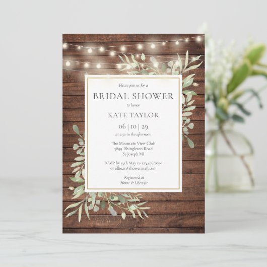 Rustic Lights Greenerity QR Code Foto Brautparty Einladung (Stehend Vorderseite)