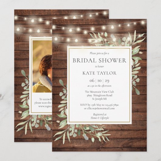 Rustic Lights Greenerity QR Code Foto Brautparty Einladung (Vorne/Hinten)