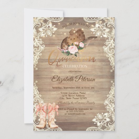 Rustic Lights Lace Cowboy Hat Boots Quinceañera Einladung (Vorderseite)