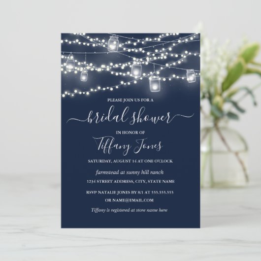 Rustic Lights Navy Bridal Dusche Einladung (Stehend Vorderseite)