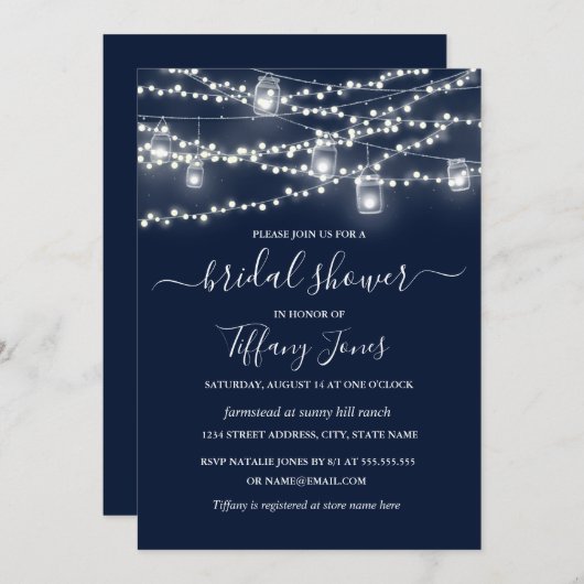 Rustic Lights Navy Bridal Dusche Einladung (Vorne/Hinten)