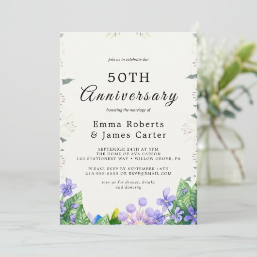 Rustic Lilac 50. Hochzeitstag Einladung (Stehend Vorderseite)