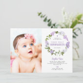 Rustic Lilac Flowers Photo First Holy Communion Einladung (Stehend Vorderseite)