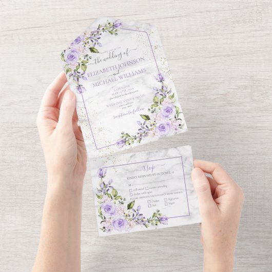 Rustic Lilac Lavender Gold Marble Floral Wedding All In One Einladung (Abreißen)