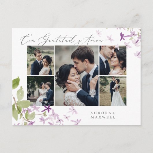 Rustic Lilac Multi Foto Wedding Gratitud y Amor Postkarte (Vorderseite)